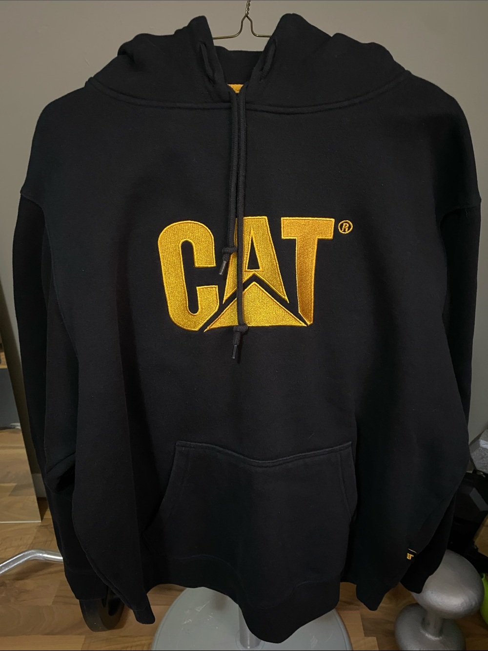 Men's Black Hoodie with Yellow/Gold Cat Logo - Heavyweight Pullover